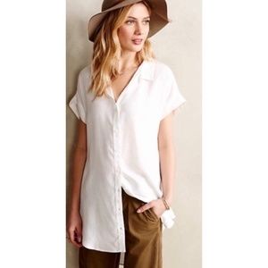 Anthropologie CLOTH & STONE White Luna Button Down Tunic Top Long ~ Small
